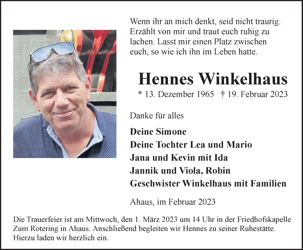  Traueranzeige für Hennes Winkelhaus vom 24.02.2023 aus Münstersche Zeitung und Münsterland Zeitung