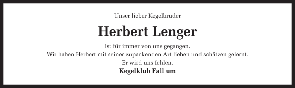  Traueranzeige für Herbert Lenger vom 01.02.2023 aus Münstersche Zeitung und Münsterland Zeitung
