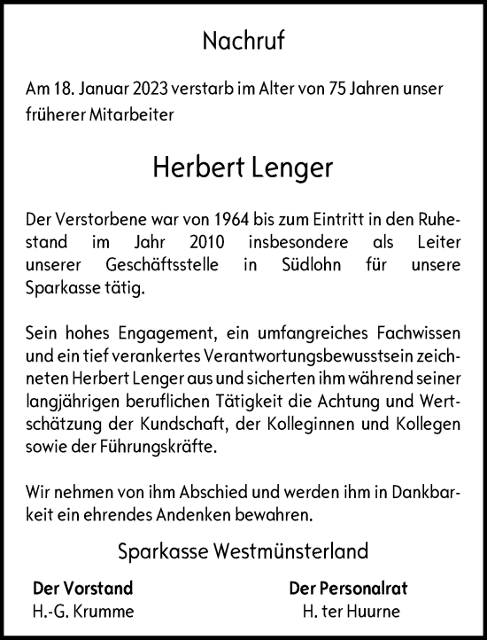 Traueranzeige von Herbert Lenger von Münstersche Zeitung und Münsterland Zeitung