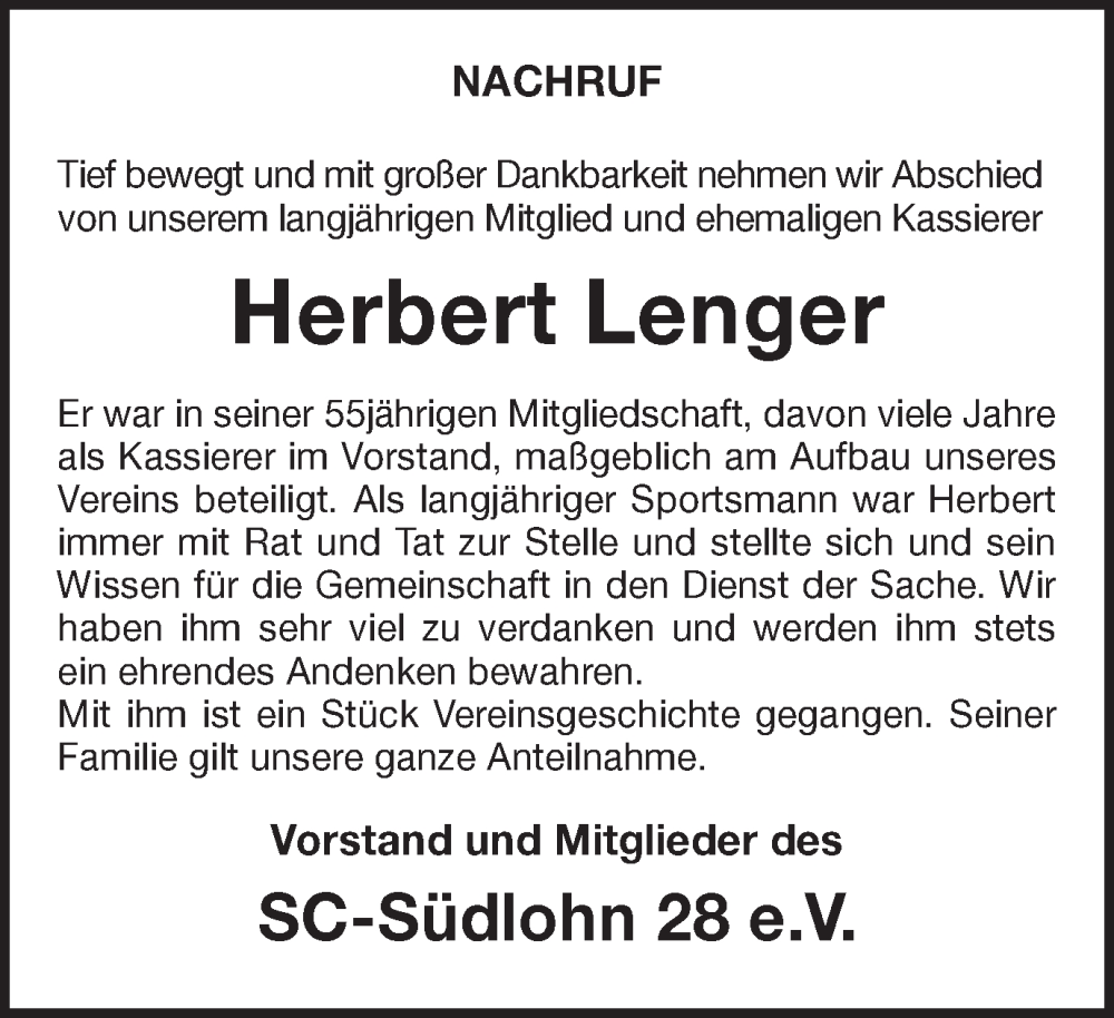  Traueranzeige für Herbert Lenger vom 01.02.2023 aus Münstersche Zeitung und Münsterland Zeitung