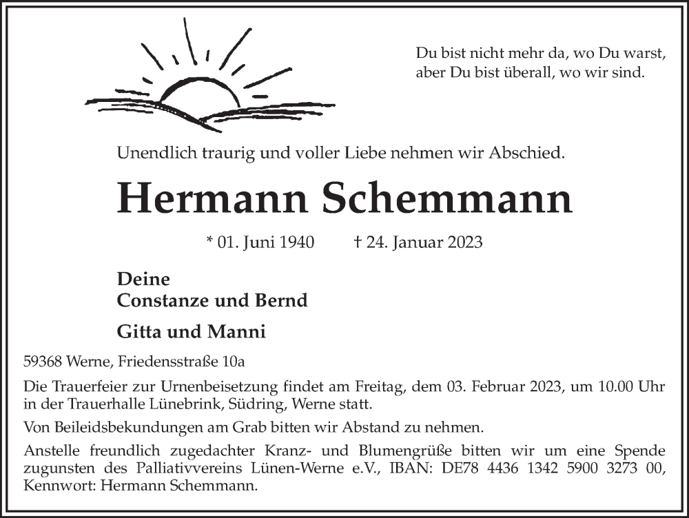 Traueranzeige für Hermann Schemmann vom 01.02.2023 aus Ruhr Nachrichten