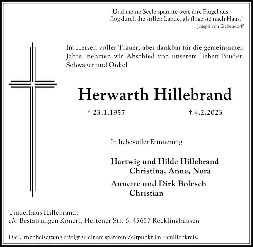  Traueranzeige für Herwarth Hillebrand vom 18.02.2023 aus Medienhaus Bauer