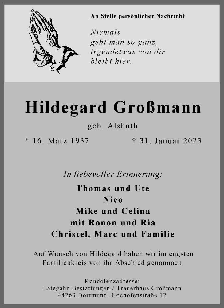  Traueranzeige für Hildegard Großmann vom 14.02.2023 aus 