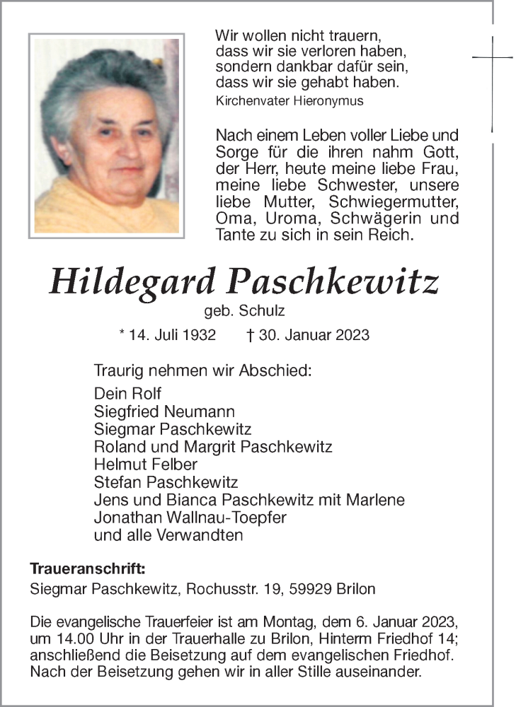  Traueranzeige für Hildegard Paschkewitz vom 02.02.2023 aus Münstersche Zeitung und Münsterland Zeitung