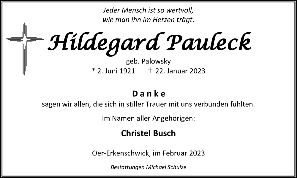  Traueranzeige für Hildegard Pauleck vom 25.02.2023 aus Medienhaus Bauer