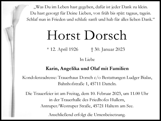 Traueranzeige von Horst Dorsch von Ruhr Nachrichten und Halterner Zeitung
