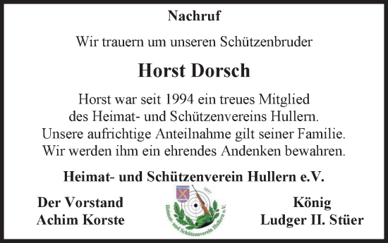 Traueranzeige von Horst Dorsch von Ruhr Nachrichten und Halterner Zeitung
