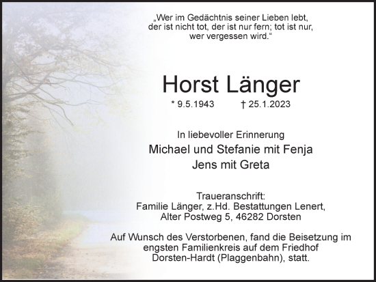 Traueranzeige von Horst Länger von Ruhr Nachrichten und Dorstener Zeitung