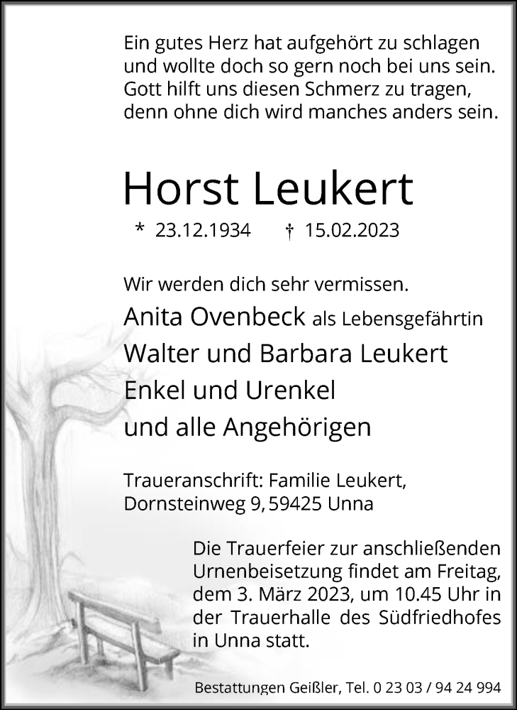  Traueranzeige für Horst Leukert vom 23.02.2023 aus Hellweger Anzeiger