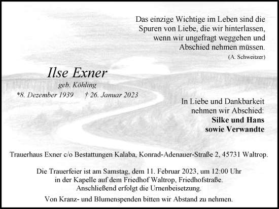 Traueranzeige von Ilse Exner von Medienhaus Bauer