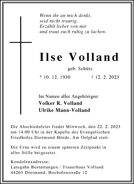 Traueranzeige von Ilse Volland 