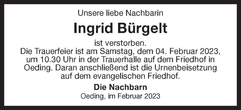  Traueranzeige für Ingrid Bürgelt vom 01.02.2023 aus Münstersche Zeitung und Münsterland Zeitung