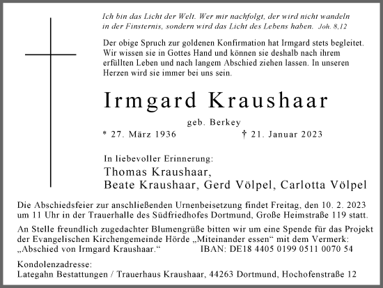Traueranzeige von Irmgard Kraushaar 