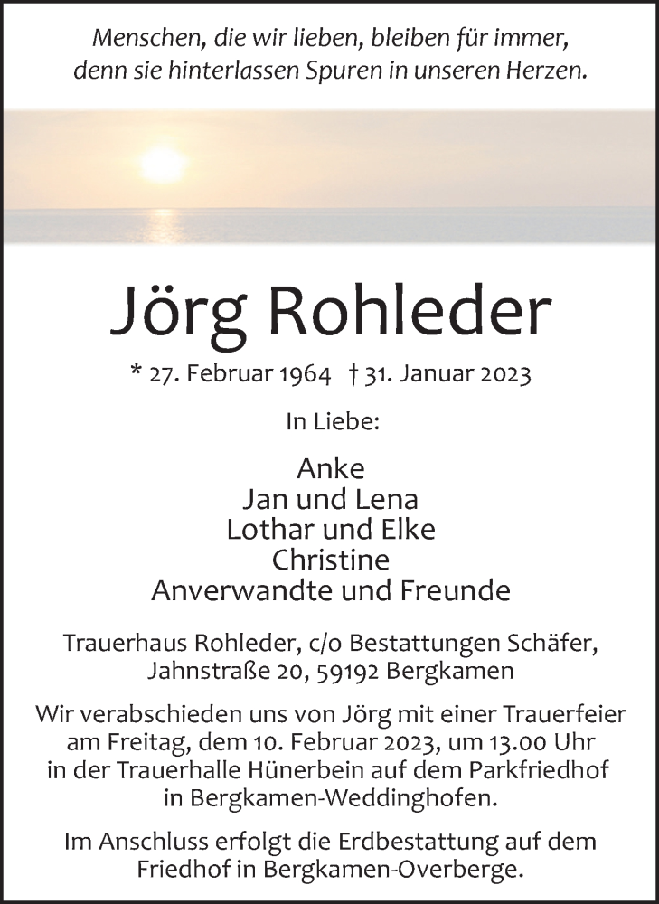  Traueranzeige für Jörg Rohleder vom 04.02.2023 aus Hellweger Anzeiger