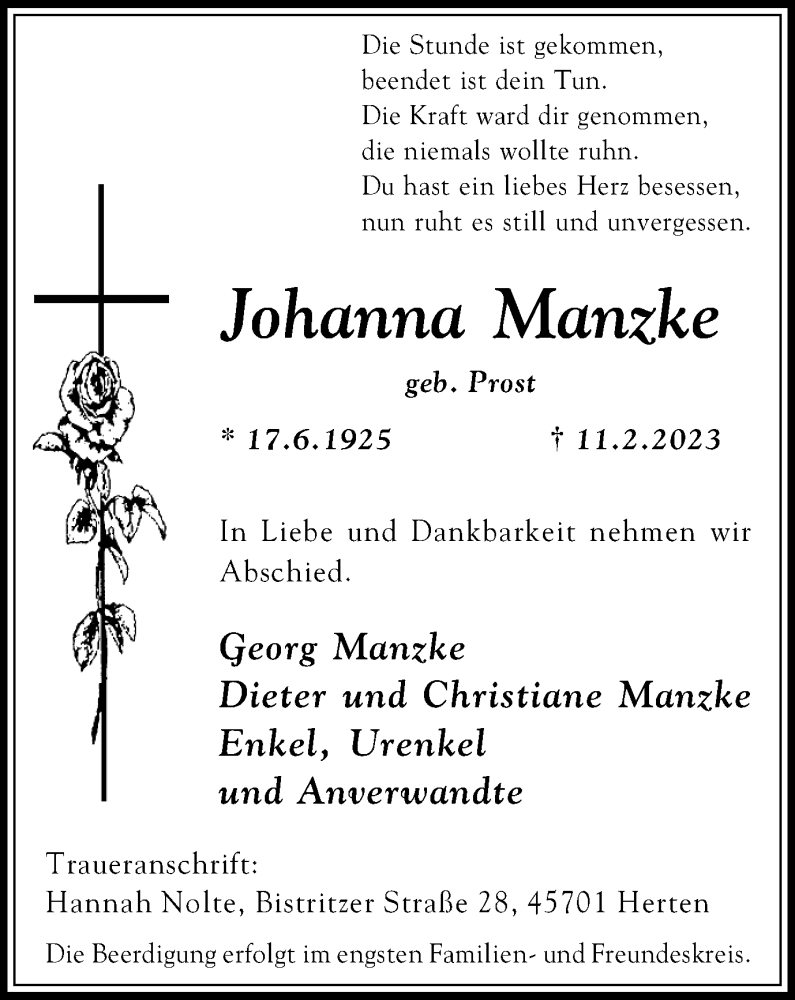  Traueranzeige für Johanna Manzke vom 22.02.2023 aus Medienhaus Bauer