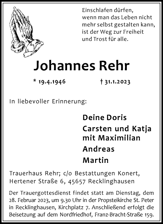 Traueranzeige von Johannes Rehr von Medienhaus Bauer