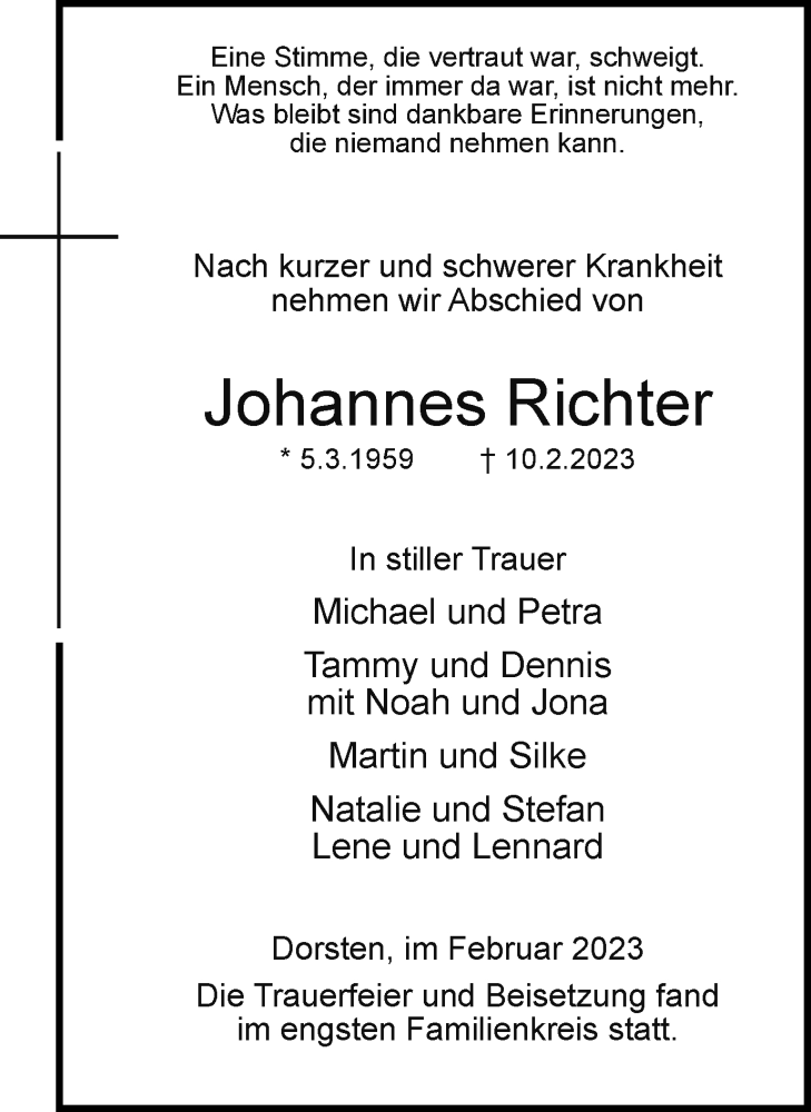  Traueranzeige für Johannes Richter vom 18.02.2023 aus Ruhr Nachrichten und Dorstener Zeitung
