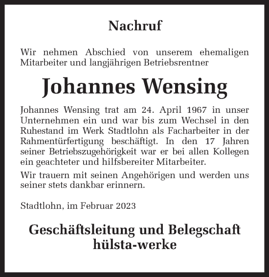 Traueranzeige von Johannes Wensing von Münstersche Zeitung und Münsterland Zeitung
