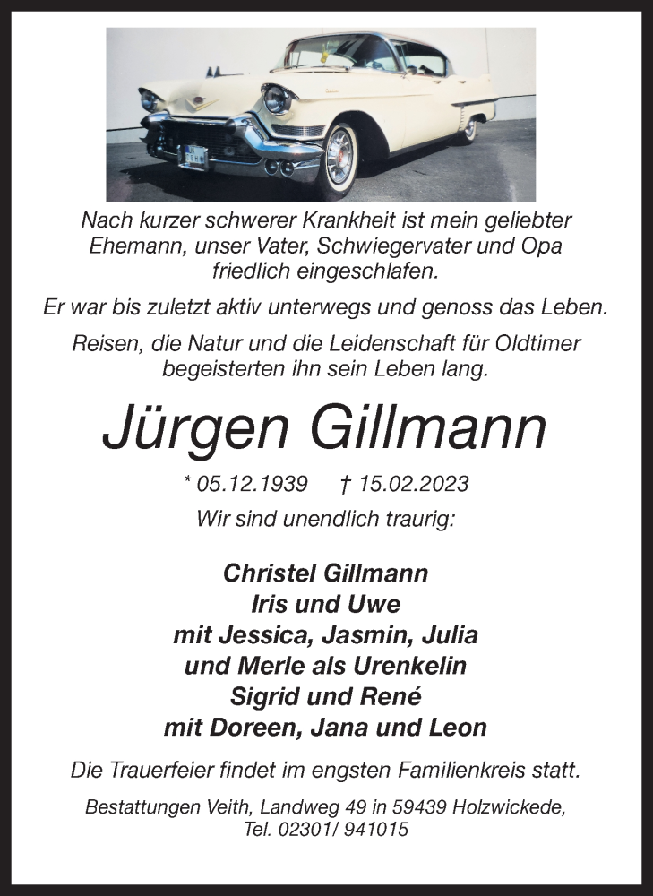  Traueranzeige für Jürgen Gillmann vom 18.02.2023 aus Hellweger Anzeiger