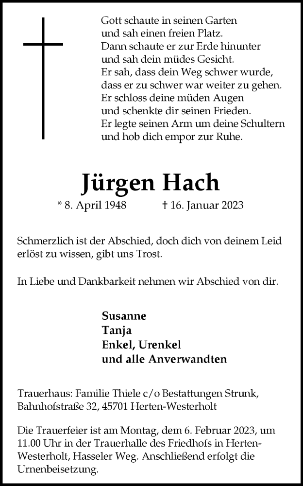  Traueranzeige für Jürgen Hach vom 01.02.2023 aus Medienhaus Bauer