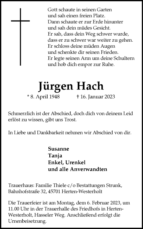 Traueranzeige von Jürgen Hach von Medienhaus Bauer