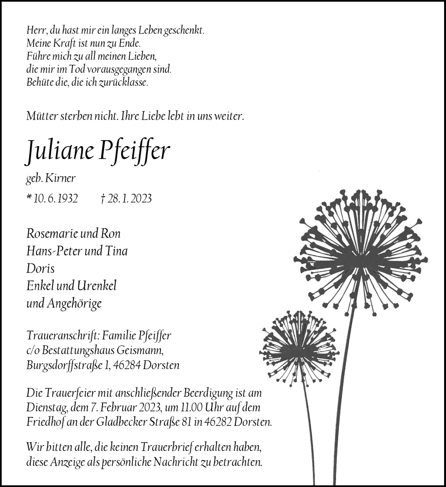  Traueranzeige für Juliane Pfeiffer vom 01.02.2023 aus Ruhr Nachrichten und Dorstener Zeitung