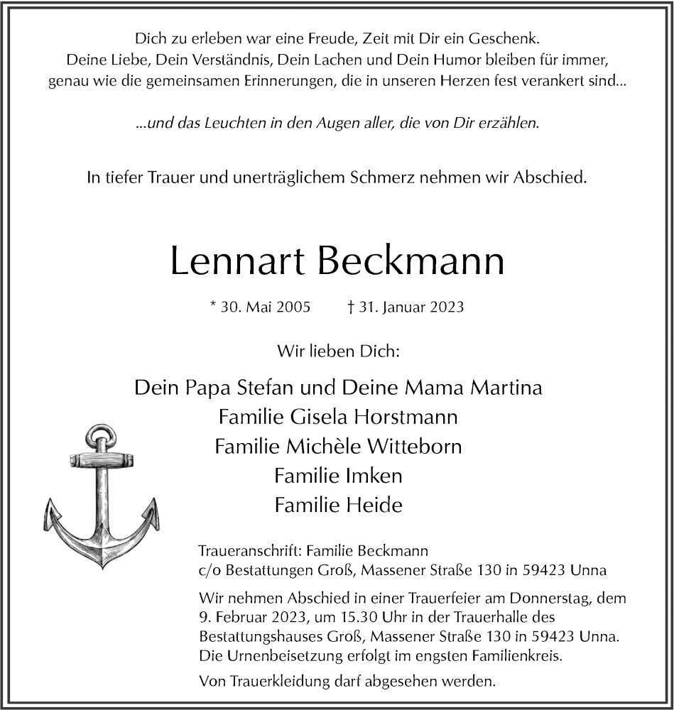  Traueranzeige für Lennart Beckmann vom 04.02.2023 aus Hellweger Anzeiger