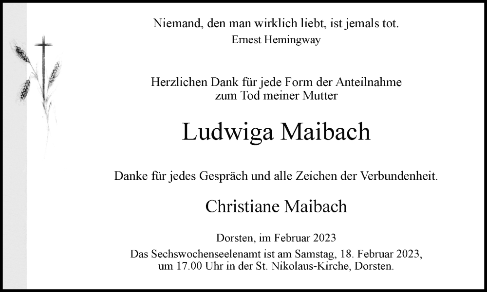  Traueranzeige für Ludwiga Maibach vom 14.02.2023 aus Ruhr Nachrichten und Dorstener Zeitung