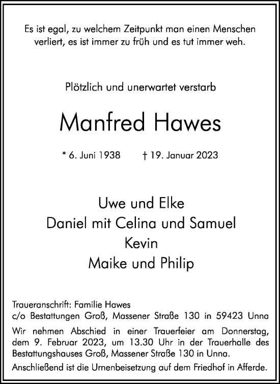 Traueranzeige von Manfred Hawes