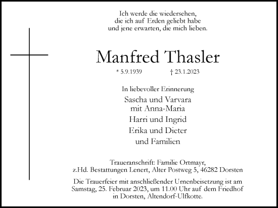 Traueranzeige von Manfred Thasler von Ruhr Nachrichten und Dorstener Zeitung