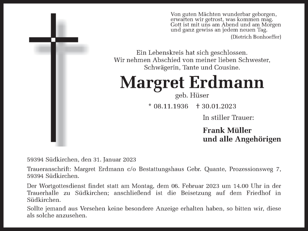  Traueranzeige für Margret Erdmann vom 01.02.2023 aus Ruhr Nachrichten