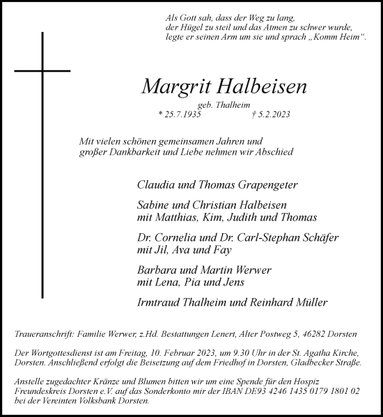 Traueranzeige von Margrit Halbeisen von Ruhr Nachrichten und Dorstener Zeitung