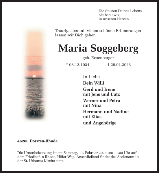 Traueranzeige von Maria Soggeberg von Ruhr Nachrichten und Dorstener Zeitung