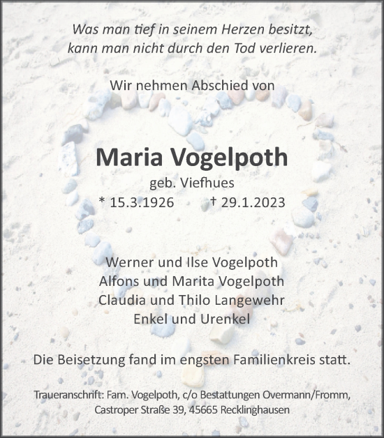 Traueranzeige von Maria Vogelpoth von Medienhaus Bauer