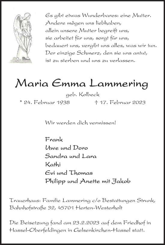Traueranzeige von Maria Emma Lammering von Medienhaus Bauer