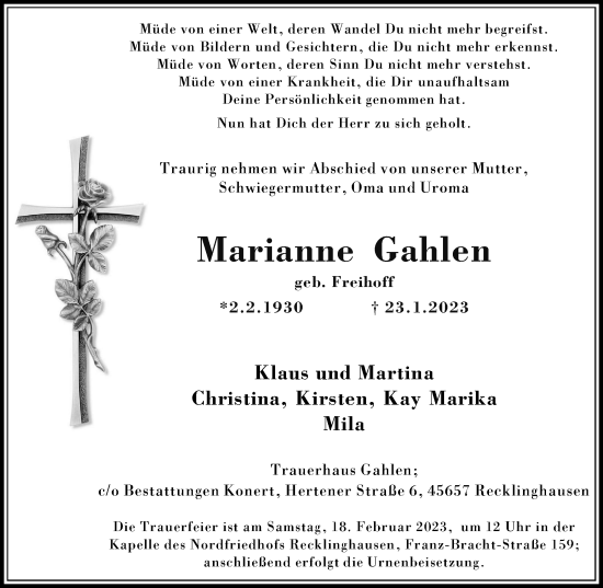 Traueranzeige von Marianne Gahlen von Medienhaus Bauer