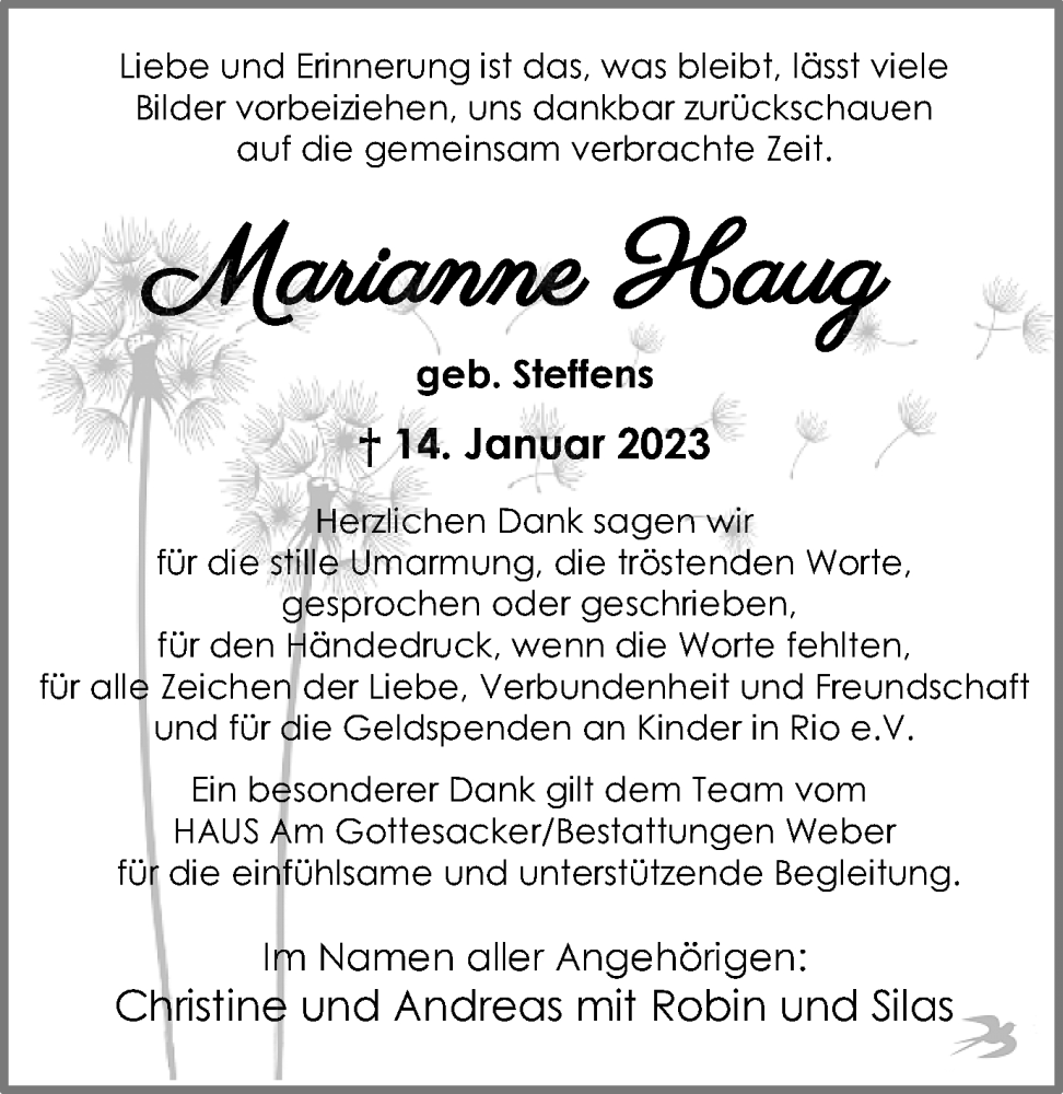  Traueranzeige für Marianne Haug vom 25.02.2023 aus 