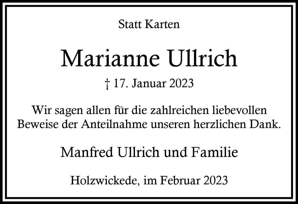  Traueranzeige für Marianne Ullrich vom 18.02.2023 aus Hellweger Anzeiger