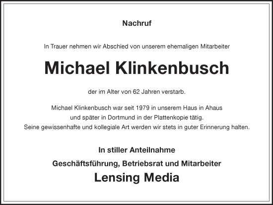 Traueranzeige von Michael Klinkenbusch von Münstersche Zeitung und Münsterland Zeitung