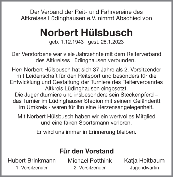 Traueranzeige von Norbert Hülsbusch von Ruhr Nachrichten