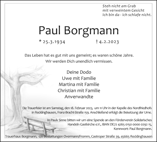 Traueranzeige von Paul Borgmann von Medienhaus Bauer