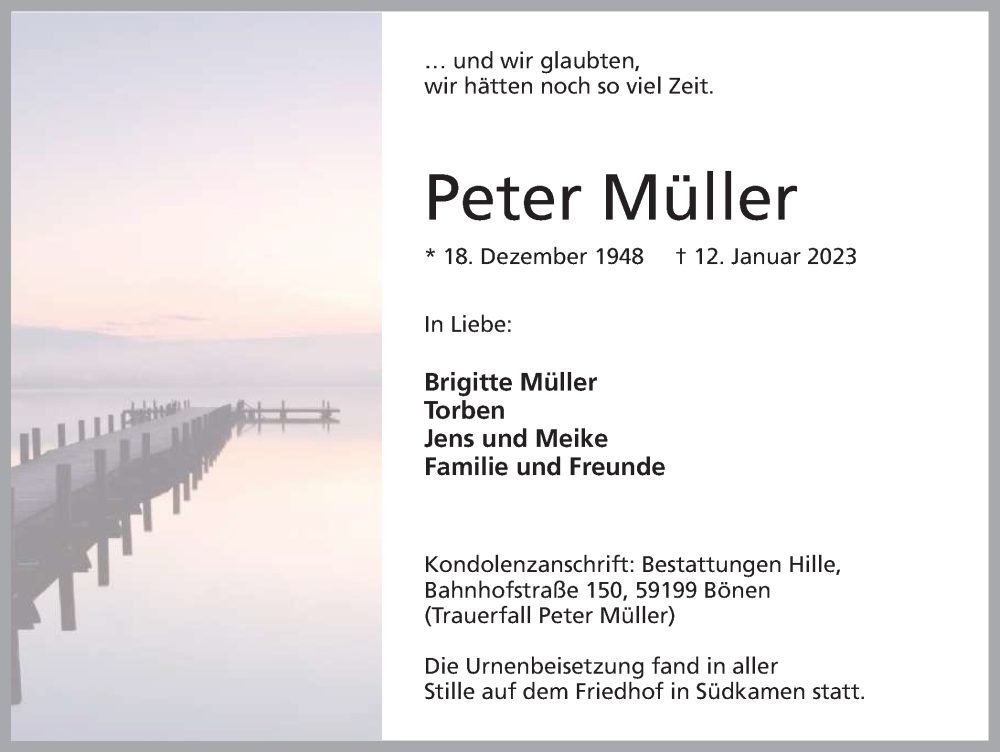  Traueranzeige für Peter Müller vom 02.02.2023 aus Hellweger Anzeiger