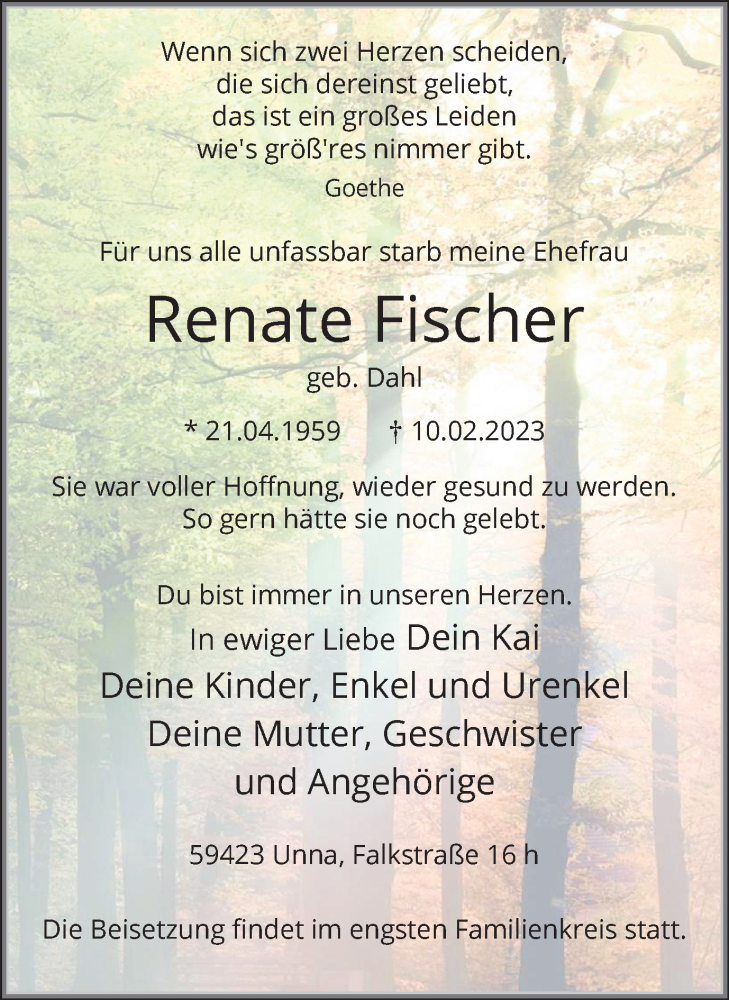  Traueranzeige für Renate Fischer vom 18.02.2023 aus Hellweger Anzeiger