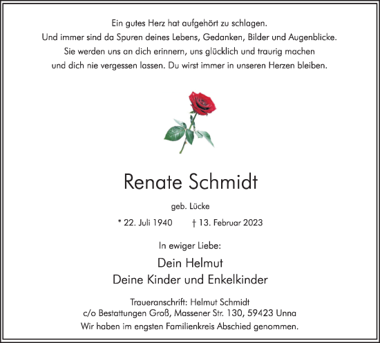 Traueranzeige von Renate Schmidt von Hellweger Anzeiger