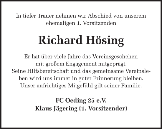 Traueranzeige von Richard Hösing von Münstersche Zeitung und Münsterland Zeitung