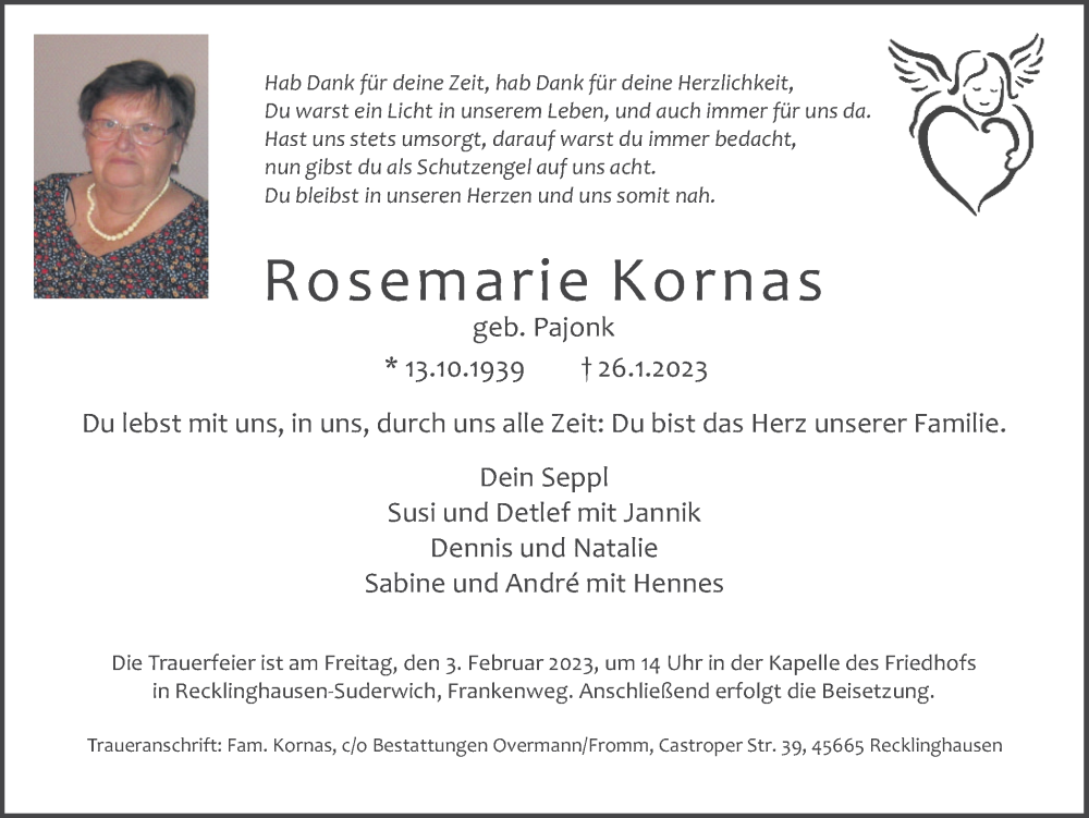  Traueranzeige für Rosemarie Kornas vom 01.02.2023 aus Medienhaus Bauer