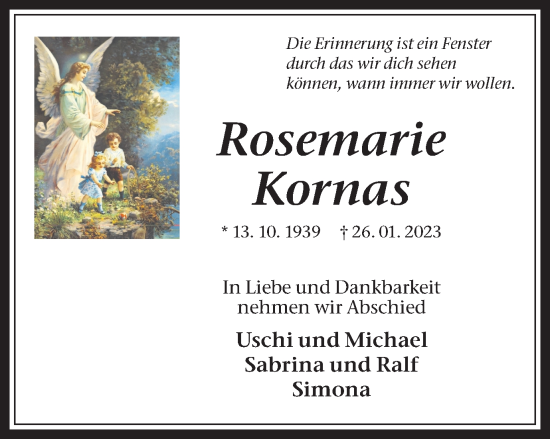 Traueranzeige von Rosemarie Kornas von Medienhaus Bauer