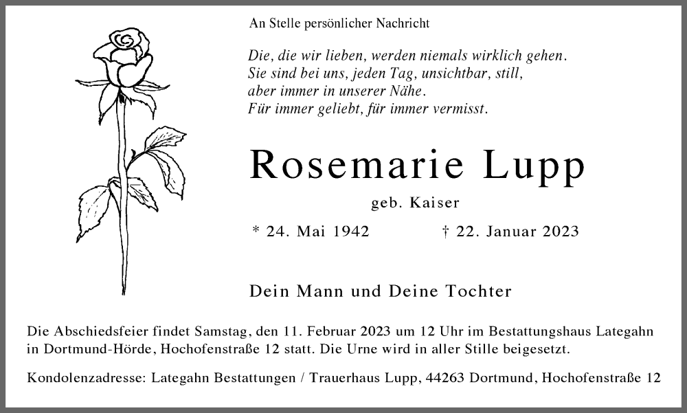  Traueranzeige für Rosemarie Lupp vom 04.02.2023 aus 