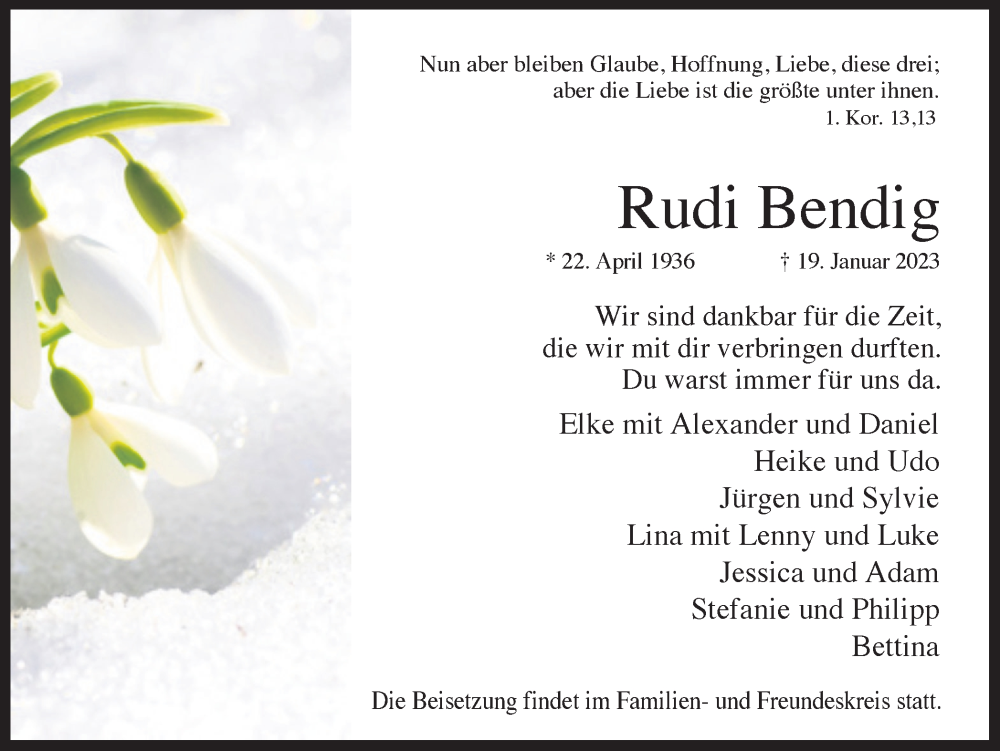  Traueranzeige für Rudi Bendig vom 01.02.2023 aus Ruhr Nachrichten und Dorstener Zeitung