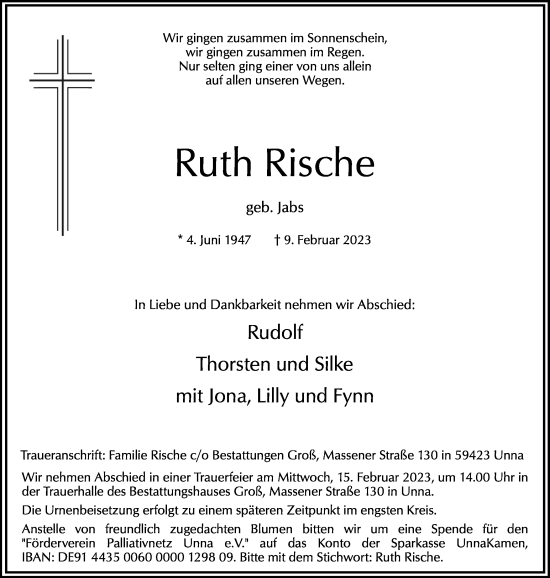 Traueranzeige von Ruth Rische von Hellweger Anzeiger